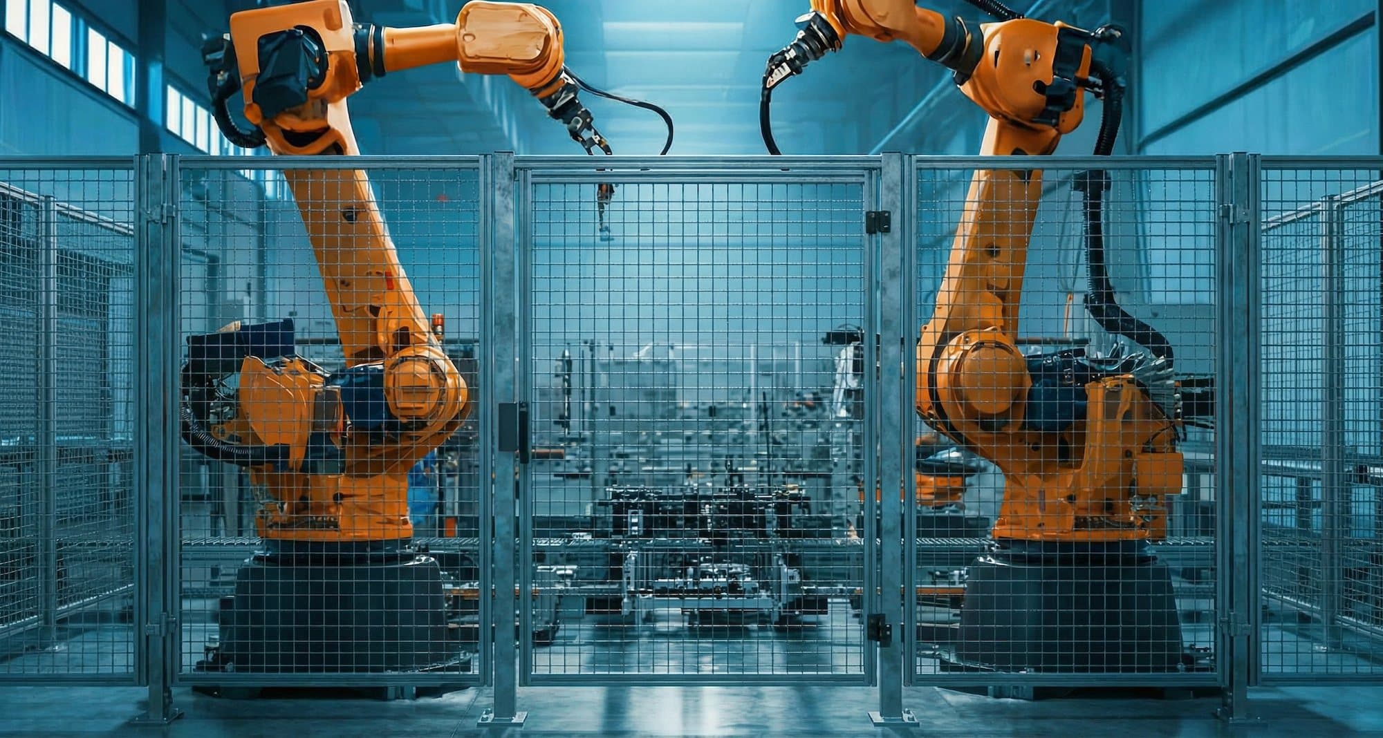 Industrial robotic arms in a modern manufacturing facility